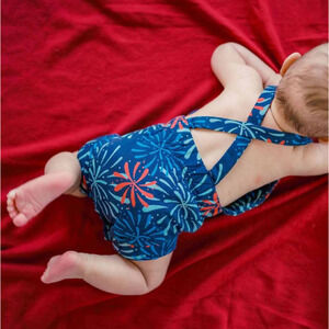 NWT Monica + Andy fireworks patriotic romper overalls toddler Organic cotton